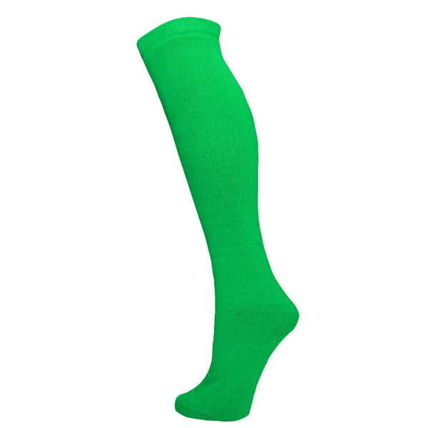 Manbi Essential thermal tube ski socks photographed on a foot mannaquin in neon green