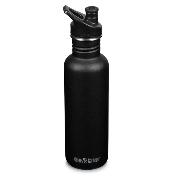 Klean Kanteen classic stainless steel water bottle in the colour black showing the front detail and the sports cap in 800ml capacity size