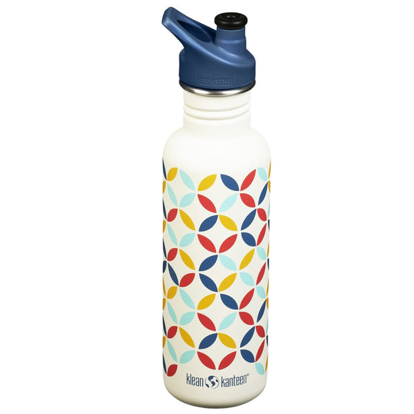 Klean Kanteen classic stainless steel water bottle front detail showing the sports cap and the Retro Dot pattern in 800ml capacity size