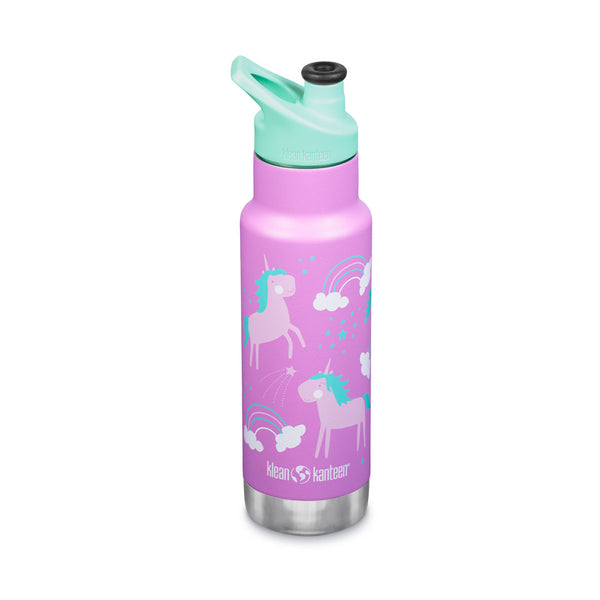 Klean Kanteen Vacuum Insulated Kid Classic Water Bottle 355ml in pink unicorn design shot on a white background