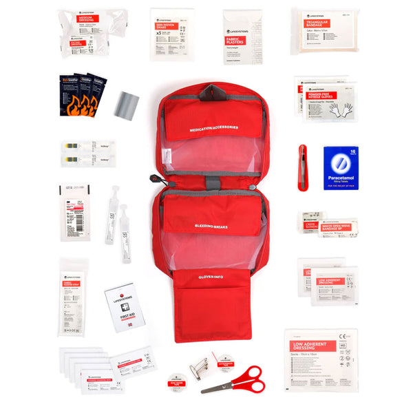 Lifesystems camping first aid kit contents laid out flat
