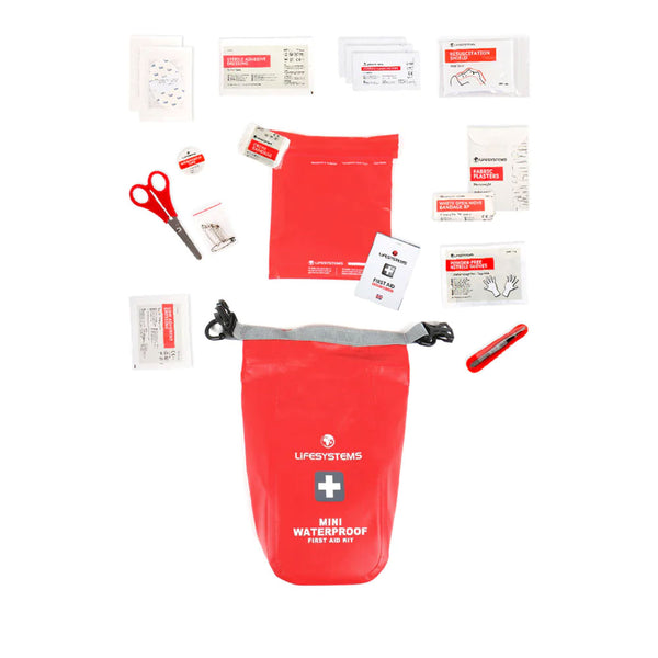 Contents of Lifesystems mini waterproof first aid kit photographed on a white background