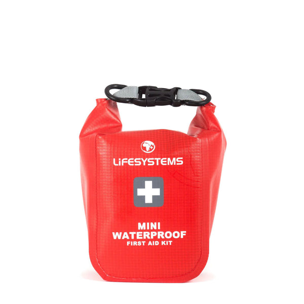 Front detail of Lifesystems mini waterproof first aid kit pack photographed on a white background