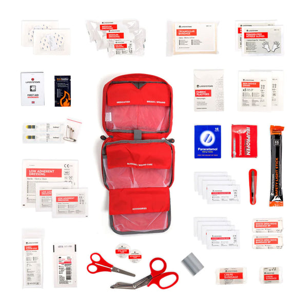 Lifesystems Mountain Leader first aid kit contents laid out flat