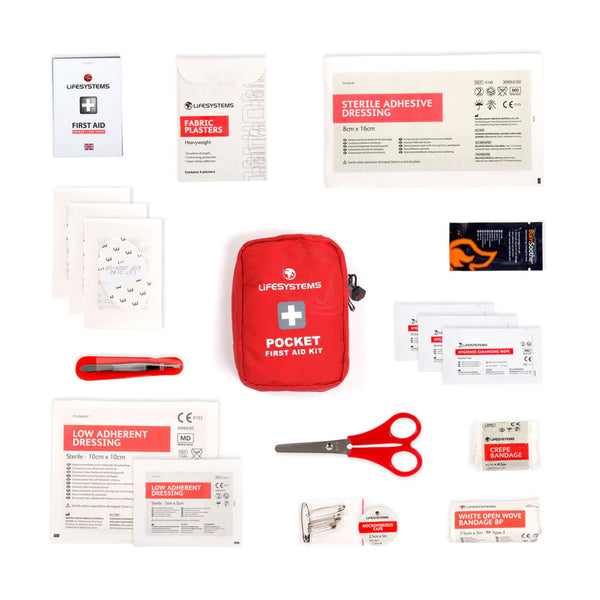 contents laid out flat of Lifesystems pocket first aid kit