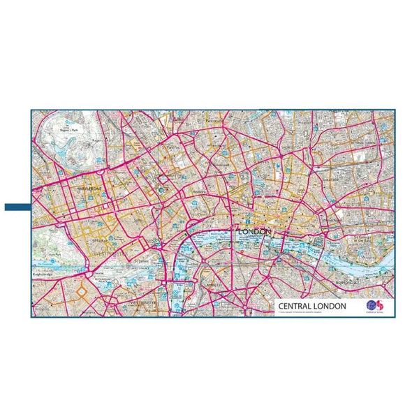 Lifeventure giant soft fibre travel towels laid out flat with an Ordnance Survey print of central London, photographed on a white background.