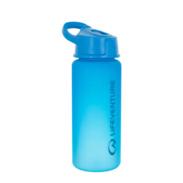 Front detail of a Lifeventure Tritan Plastic Flip-Top Water bottle in blue with the drinking spout closed