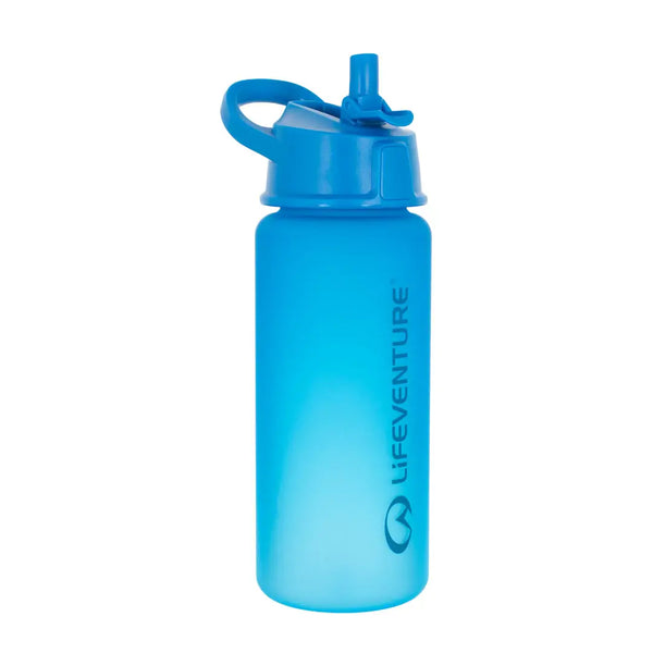 Front detail of a Lifeventure Tritan Plastic Flip-Top Water bottle in blue with the drinking spout extended