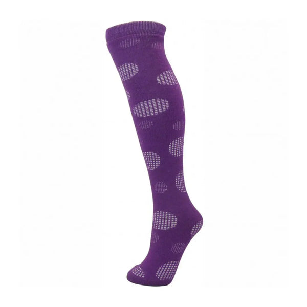 Manbi thermal tube socks in purple dotty pattern shown on a foot form