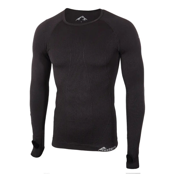 Sub Zero mens Factor 1 Plus long sleeve base layer top in black showing the raglan cut and the body mapping zones