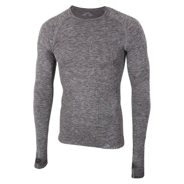 Sub Zero mens Factor 1 Plus long sleeve base layer top in grey marl showing the raglan cut and the body mapping zones