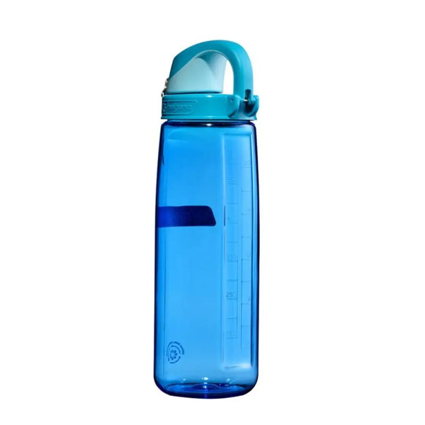 Side detail of a Nalgene 24oz Lock Top Sustain Bottle in blue on a white background