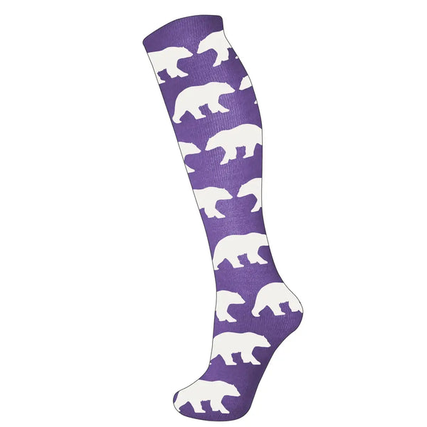 Manbi Patterned Thermal Ski Socks Polar Bears Purple on a foot mannaquin