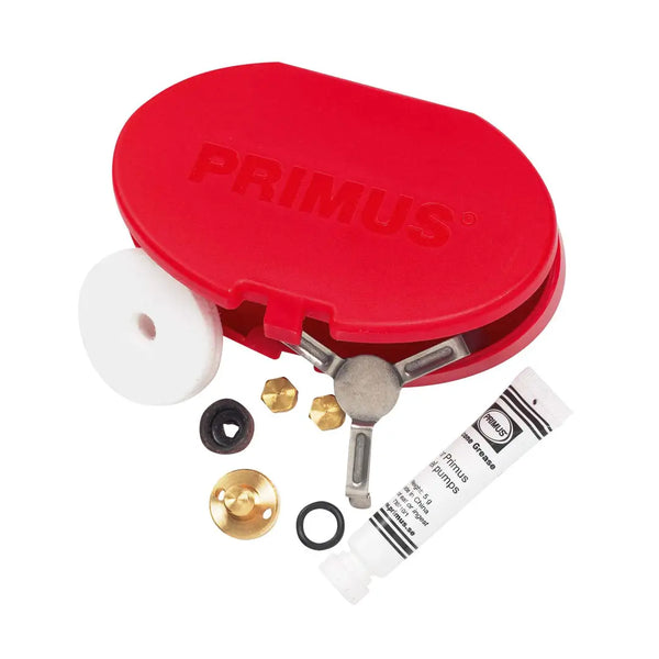 Contents of Primus Omnifuel and Multifuel EX camping stove service kit shown with the plastic carry case