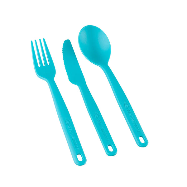 Three piece Sea To Summit plastic cutlery set in pacific blue colour showing the knife fork and spoon photographed on a white background