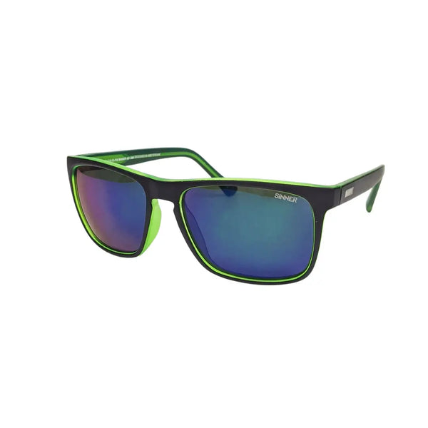 Side detail of Sinner Oak polarised sunglasses in dark blue with green reverse