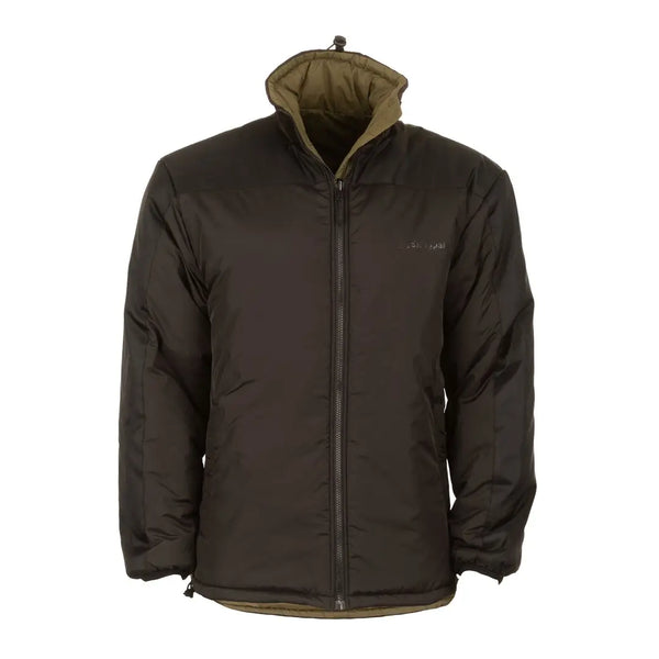 Front studio shot of Snugpak Sleeka Elite Reversible insulated windproof jacket in black/olive