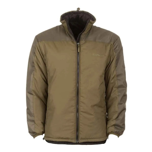 Front studio shot of Snugpak Sleeka Elite Reversible insulated windproof jacket in olive/black