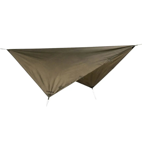 Snugpak Stasha G2 tarp shelter unpacked with the four guy lines stretching out the fabric