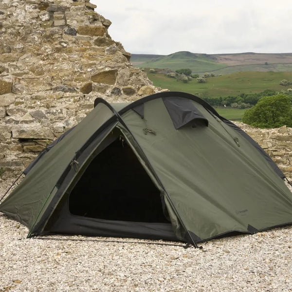 Snugpak The Bunker tent pitched outside showing the entrance door