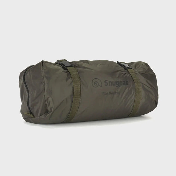 Snugpak The Bunker tent packed in to its carry bag showing the compression straps