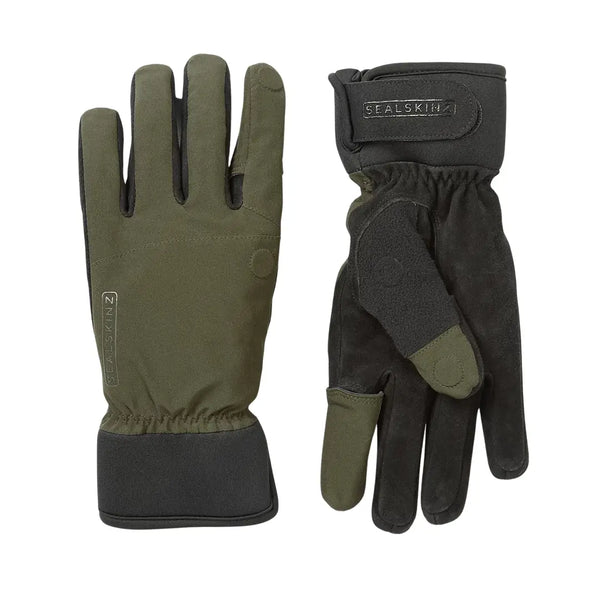 Left and righht hand of Sealskinz Stanford waterpoof sporting gloves showing the back and palm detail