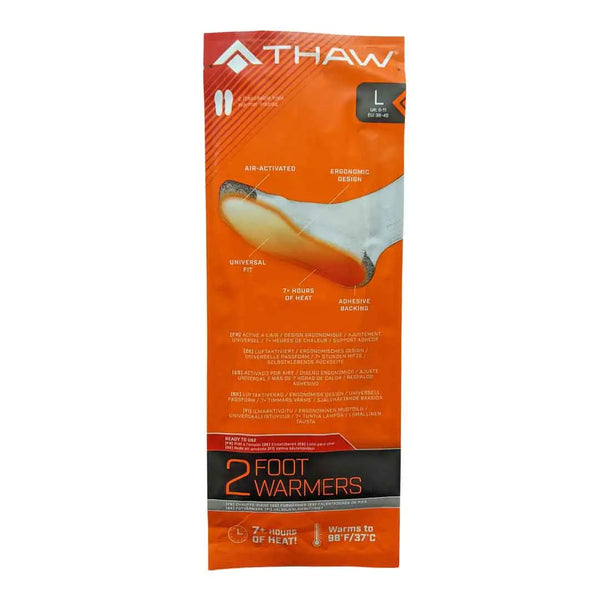 Front packaging details for Thaw disposable foot warmers