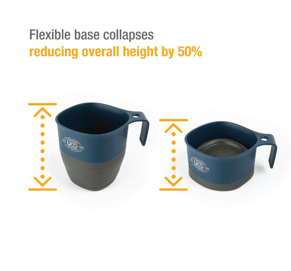 UCO Eco collapsible campo cup in Navy/Grey colour showing the difference in heights once collapsed