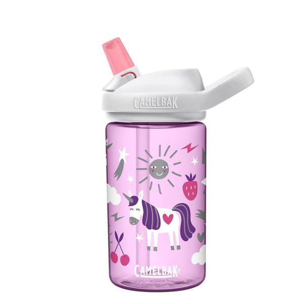 Studio shot on a white background of the left hand side of the Camelbak childrens Eddy plastic water bottle in 410ml showing the unicorn graphics and pop top drinking spout