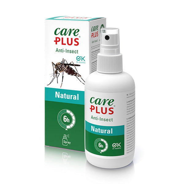 Studio shot on a white background of Care Plus natural Citriodiol insect repellent in a 200ml spray bottle with the packaging in the background