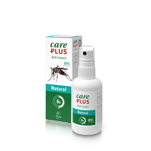 Studio shot on a white background of Care Plus natural Citiodiol insect repellent spray in a 60ml pump bottle with its packaging in the background