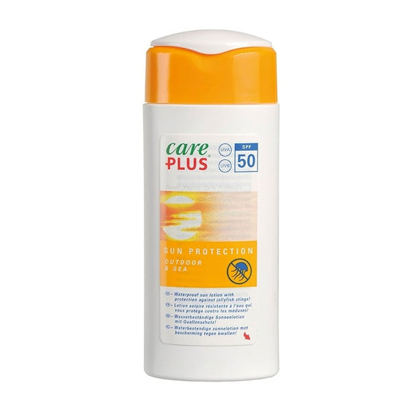 Front detail of Care Plus outdoor and sea sun cream in a 100ml plastic bottle with SPF50 protection