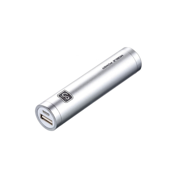 Design Go portable power bank in silver showing the two end charging ports