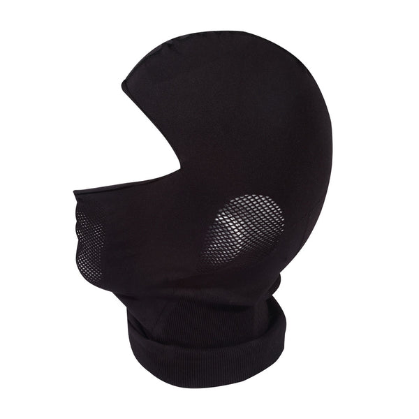 Sub Zero Factor 1 Plus balaclava in black studio photograph from the side showing the ear mesh detail  on a white background