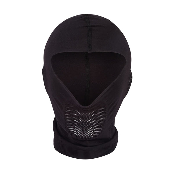 Sub Zero Factor 1 Plus balaclava in black studio photograph from the front showing the mouth mesh detail on a white background