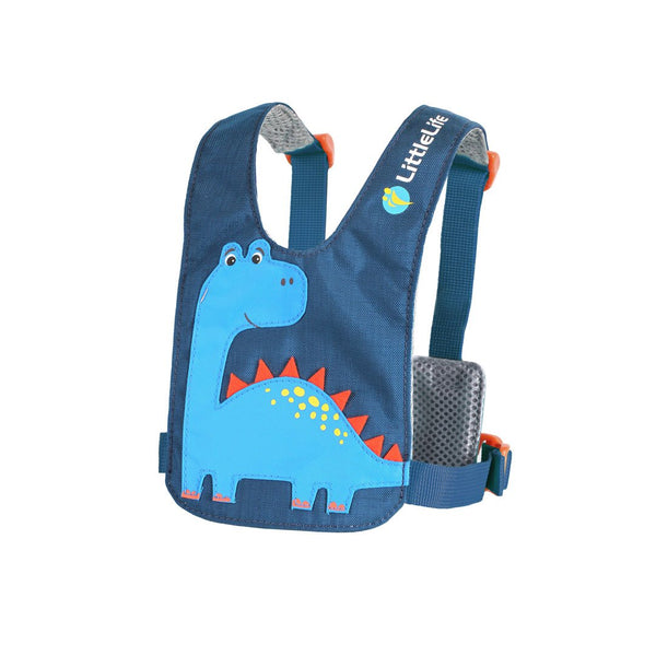 Studio shot on a white background of the front of a Littlelife dinosaur toddler safety rein