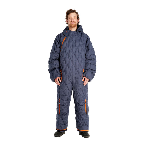 Studio shot on a white background of a Selk'Bag Pro sleeping bag suit being worn by a male showing the front detail