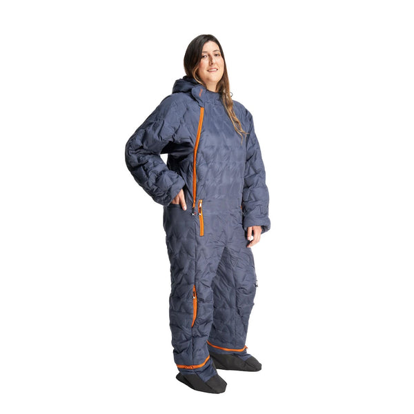 Studio shot on a white background of a Selk'Bag Pro sleeping bag suit being worn by a female showing the front detail