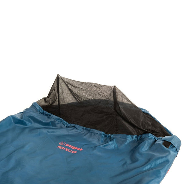 Studio shot on a white background of the mosquito net detail at the entrance to a Snugpak Travelpak Traveller sleeping bag