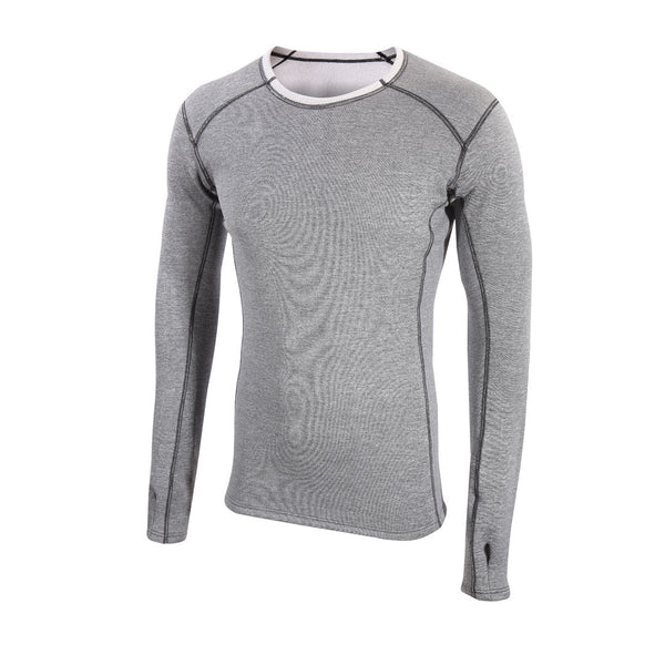 Front detail of Sub Zeros Factor 2 Plus mens long sleeve mid layer top in grey marl photographed on a white background
