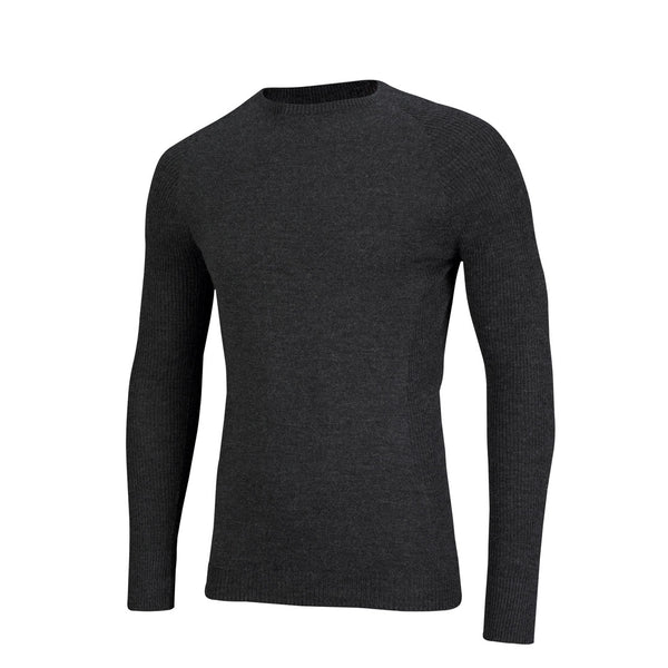 Front detail of Sub Zero merino wool mens long sleeve thermal mid layer top in colour black photographed on a white background