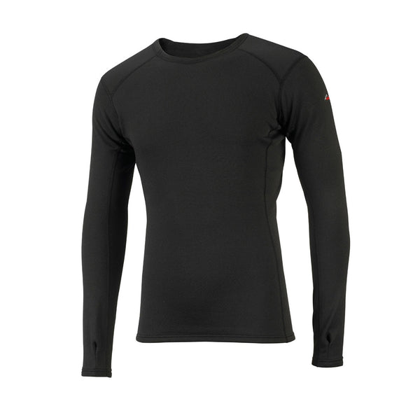 Front detail of Sub Zero Factor 2 mens long sleeve mid layer thermal top with a crew neck in colour black photographed on a white background