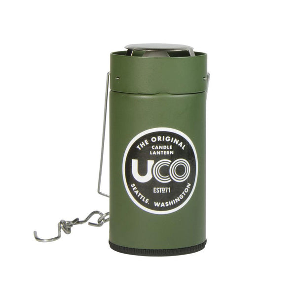 UCO original candle lantern in green with the glass globe descended