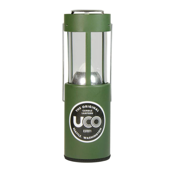 UCO original candle lantern in green with the glass globe extended